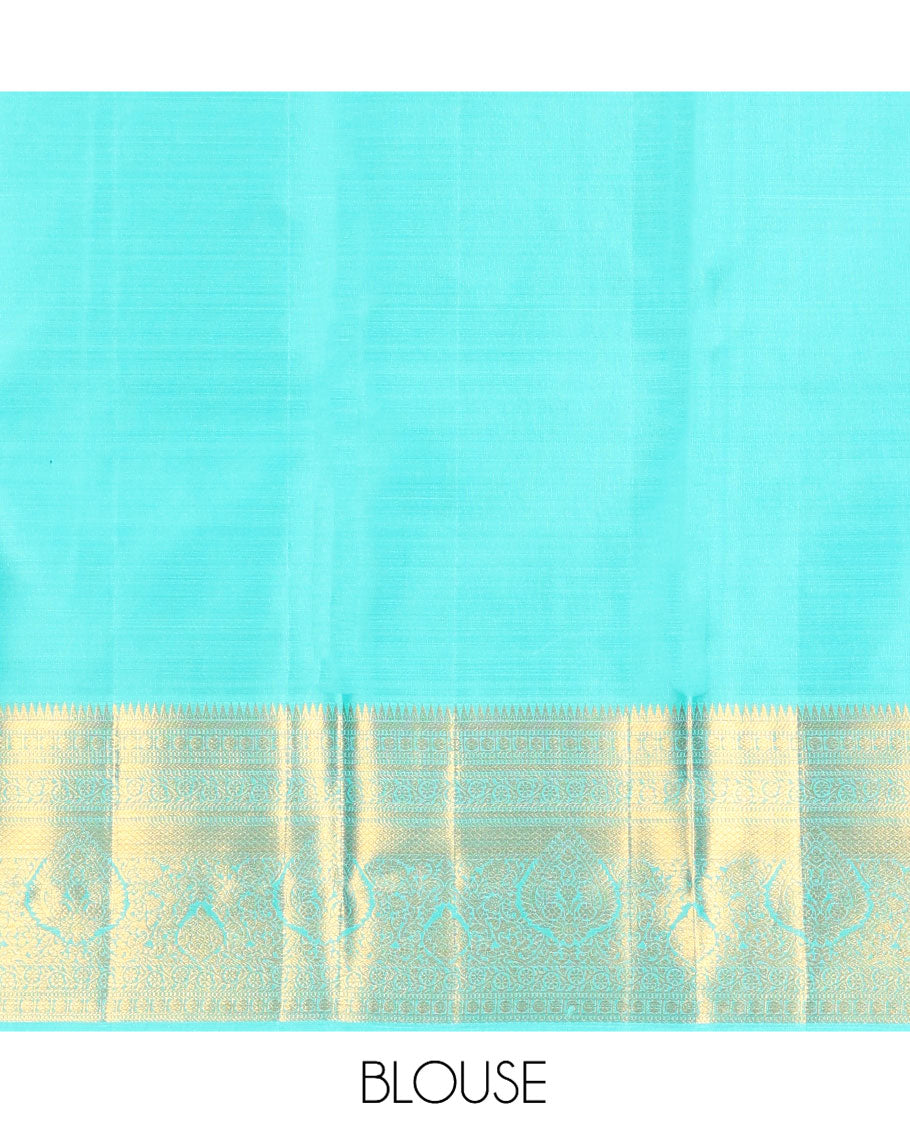 Turquoise Jacquard Kanchipuram Wedding Silk Saree, Highlighted by a Zari Border of Rekku, Muthu, Poun, Kodi Visiry, and Mayil Kann Designs, Grand Pallu, and Matching Blouse
