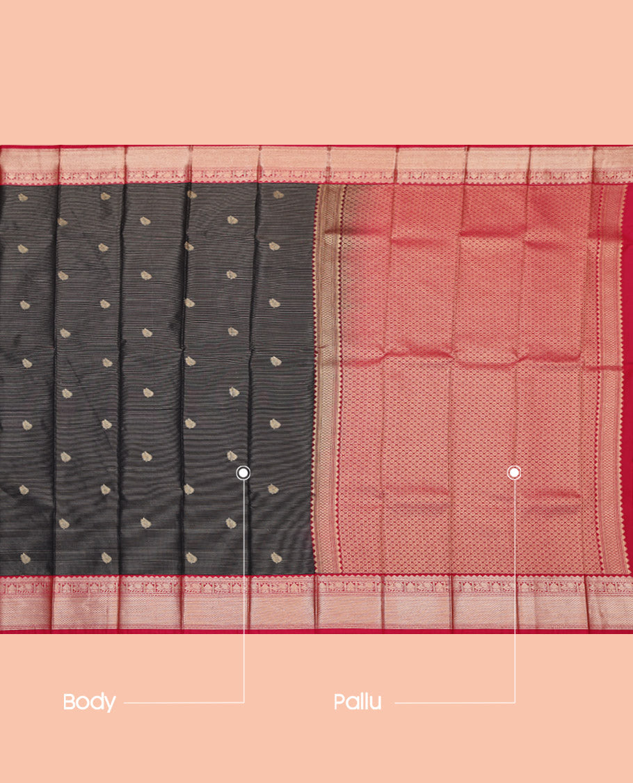 Black Budget Silk Saree, Decorated with Zari Buttas and Stripes, Complemented by a Contrast Traditional Zari Border, Jaal Pallu, and a Contrast Blouse