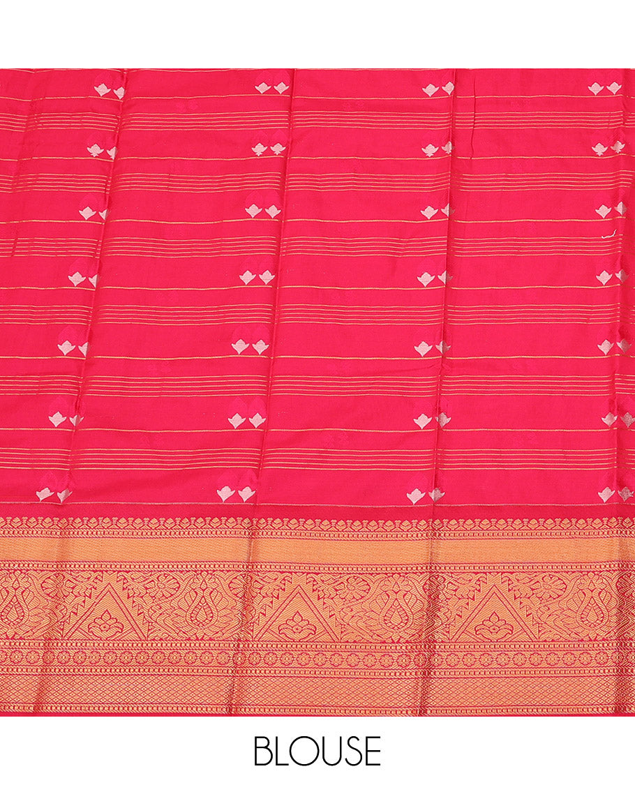 Pink Art Silk Pavadai Material Set, Artfully Detailed with Floral Bud Buttas and Zari Checks All Over Its Skirt, Highlighted with Traditional Zari Design Border, and Paired with a Matching Blouse