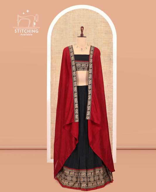 Black Mercerised Cotton Half-Saree, Plain Skirt, an Elephant Motif Border, a Matching Blouse, Contrast Dhavani