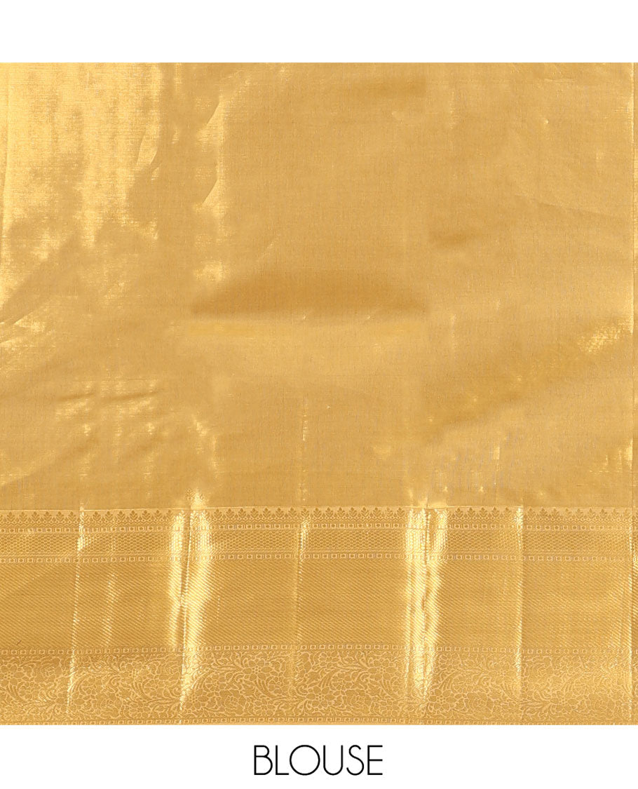 Gold Kanchipuram Tissue Silk Saree, Opulently Embellished with Jacquard Designs on Its Body, Highlighted by a Zari Border of Traditional Designs, Intricately Designed Pallu, and Paired with a Matching Blouse