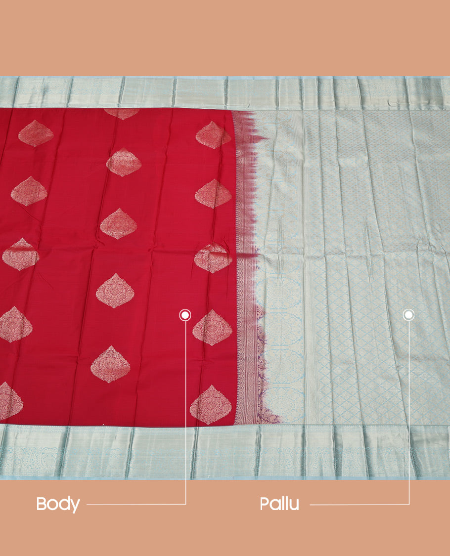 Red Budget Silk Saree, Accentuated With Zari Buttas All Over Its Body, Complemented by Contrast Traditional Zari Designs Woven Border, Grand Jaal Pallu and Paired with a Contrast Blouse