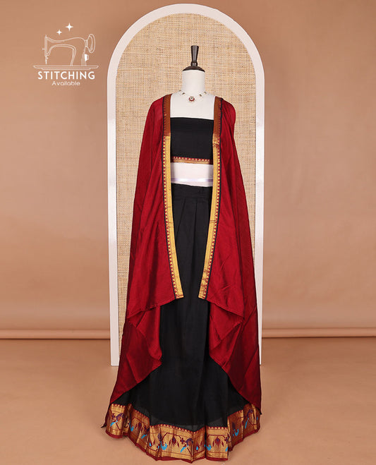 Black mercerised cotton birds design border half saree with cotton blouse & georgette one side zari border