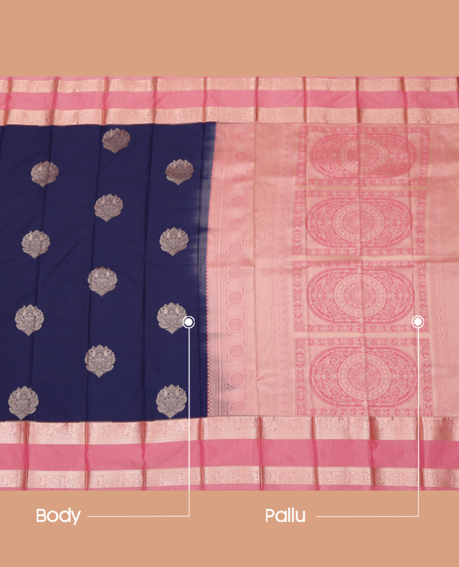Navy Blue Budget Silk Saree, Graced with Zari Buttas, a Contrast Traditional Rettai Pettu Border, Grand Pallu, and a Contrast Blouse