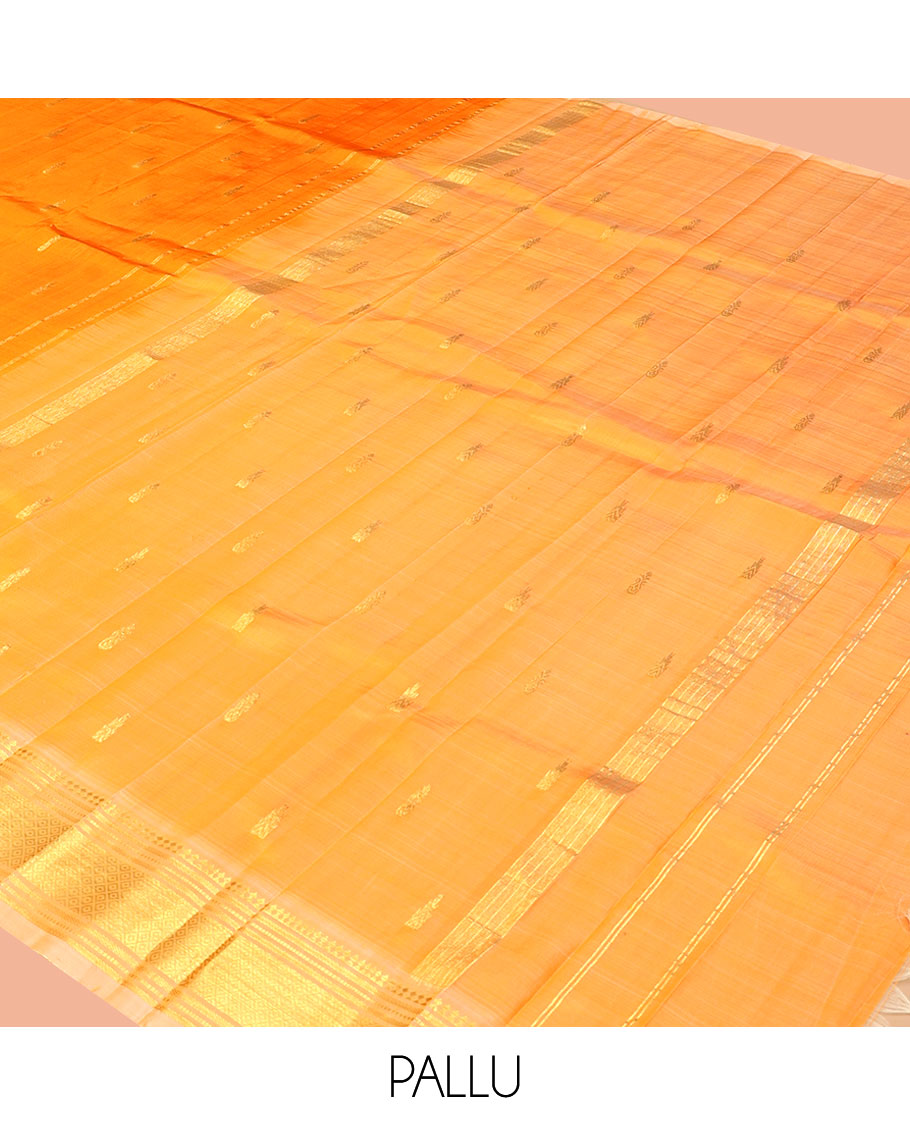 Orange Kanchipuram Silk Saree, Finely Crafted with Zari Buttas, a Contrast One-Sided Border of Paneer Sombu, Banaras, Muthu, and Mayil Kann Designs, a Zari Design Pallu, and No Blouse