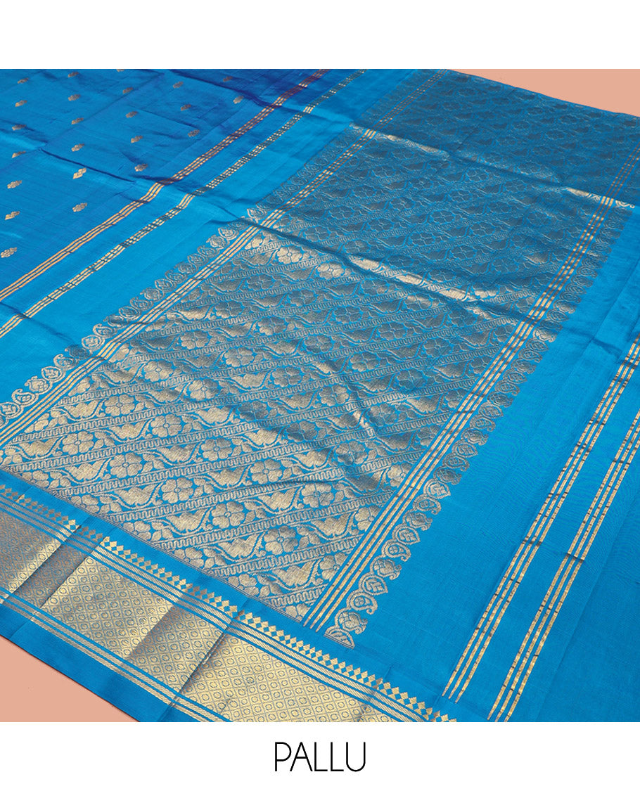 Blue Kanchipuram Silk Saree, Detailed with Zari Buttas, a One-Sided Border Featuring Panner Sombu, Banaras, and Jaal Design, Pallu of Kodi Visiry, and No Blouse