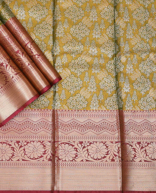 Mustard floral design art silk pavadai material with contrast zari design border & floral zari design blouse