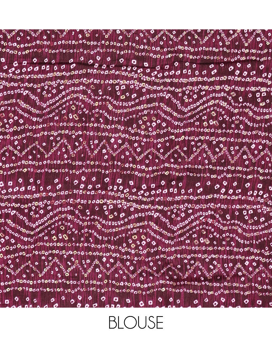 Lavender plain Vichitra silk saree, contrast bandhani printed with Swarovski micro-stonework border, and a contrast bandhani printed blouse