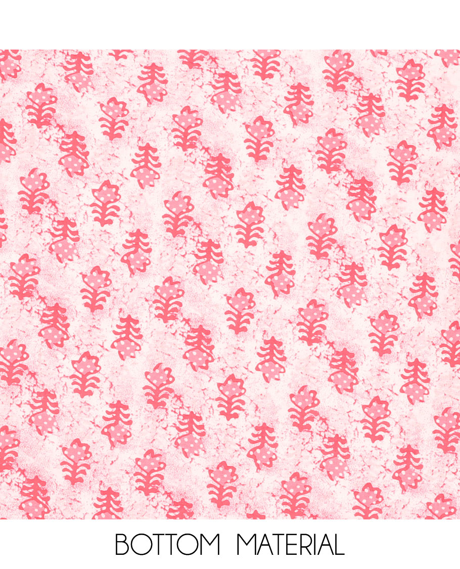 pink chudidhar material set leaf motifs design top with batik print bottom & batik print , floral pritnt dupatta