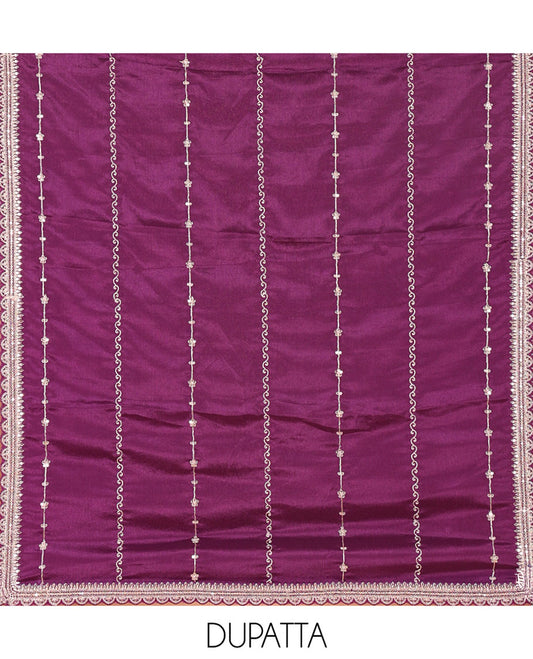 Dark Purple Chudidar Set Beautifully Bedecked with Floral Jaal Jacquard Design Viscose Chinon Unstitched Top, Readymade Free Size Sharara Pants, and a Chinon Embroidered Scallop-Bordered Dupatta