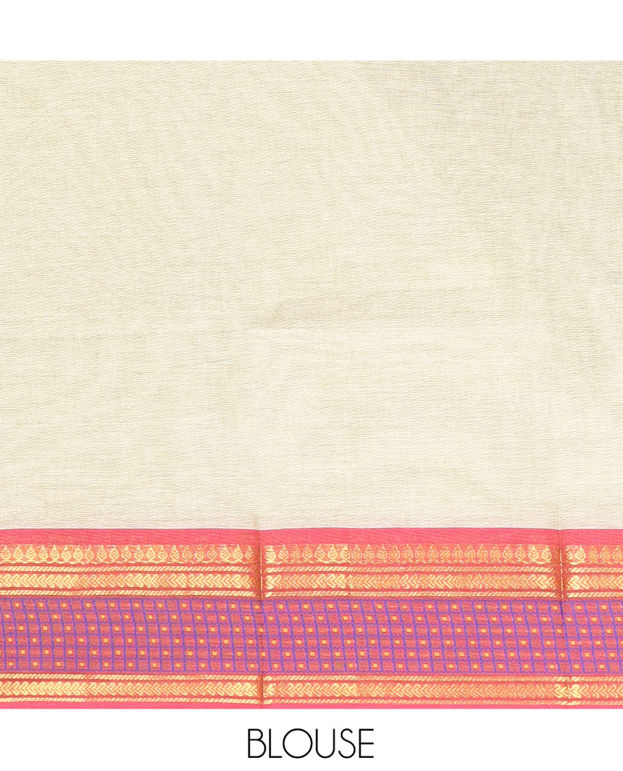 Pale Green Chettinad Cotton Saree, Featuring Buttas All Over Its Body, Complemented by Contrast Traditional Zari Border, Pallu of Stripes, and Paired with a Matching Blouse