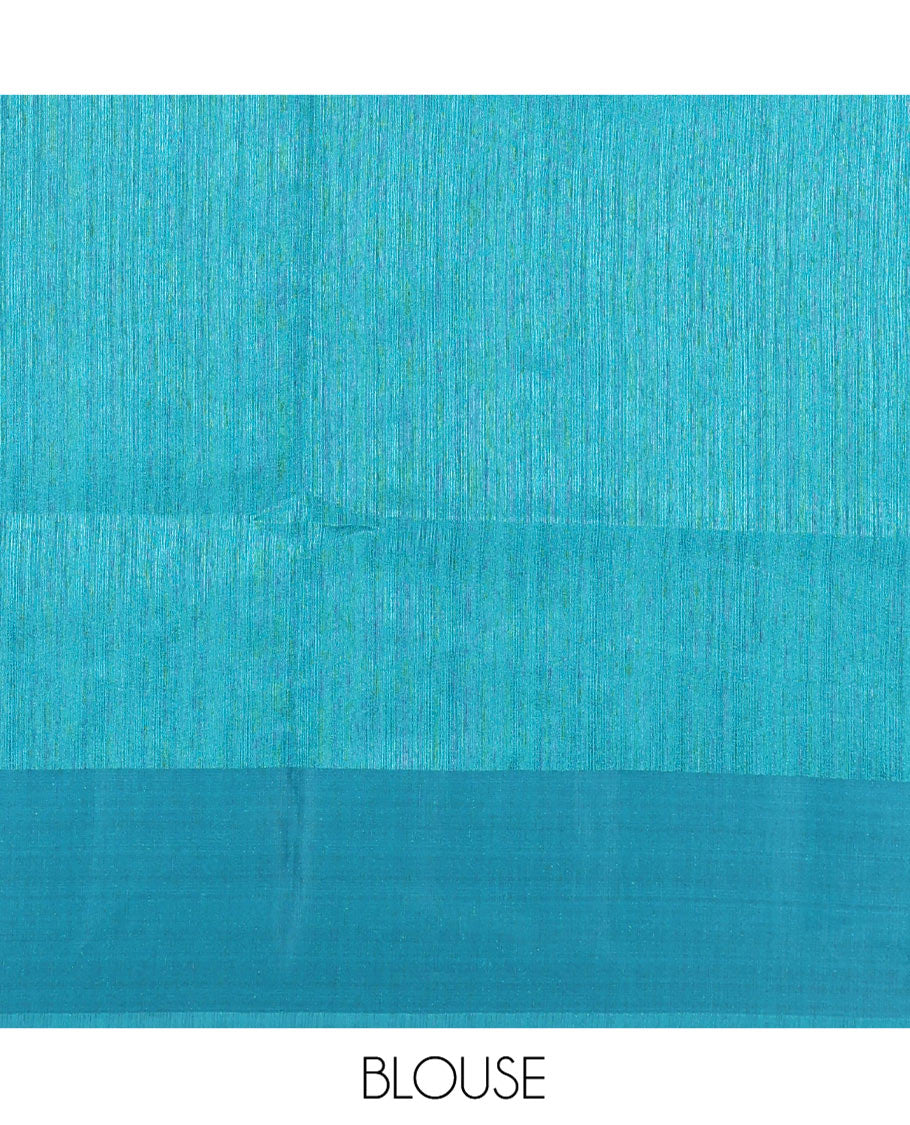 Rama Blue Green-Silk Saree, Colorfully Highlighted with Rose Motifs Cross Stitch Embroidery on Its Body, Subtly Sparkled by a Plain Border, Pallu of Rose Cross Stitch Embroidery, and Paired with a Contrast Blouse