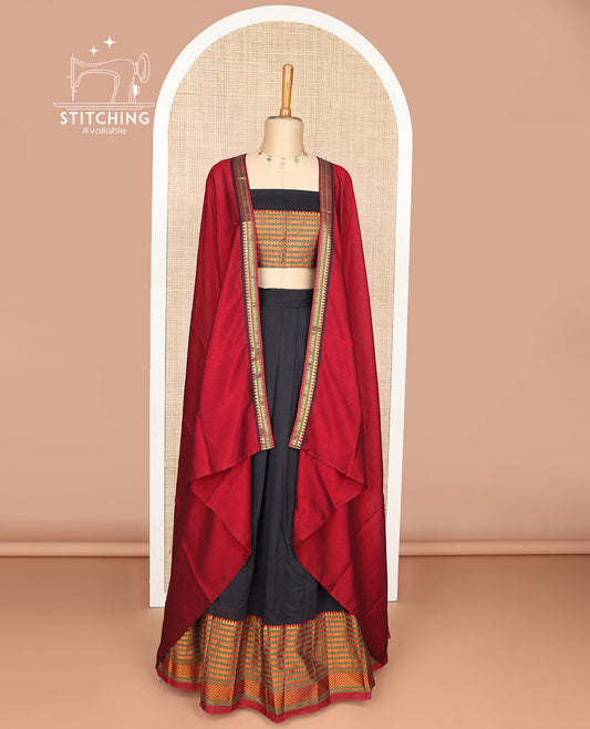 Black cotton half saree with contrast intricate zari design border, zari design blouse & zari design border dhavani