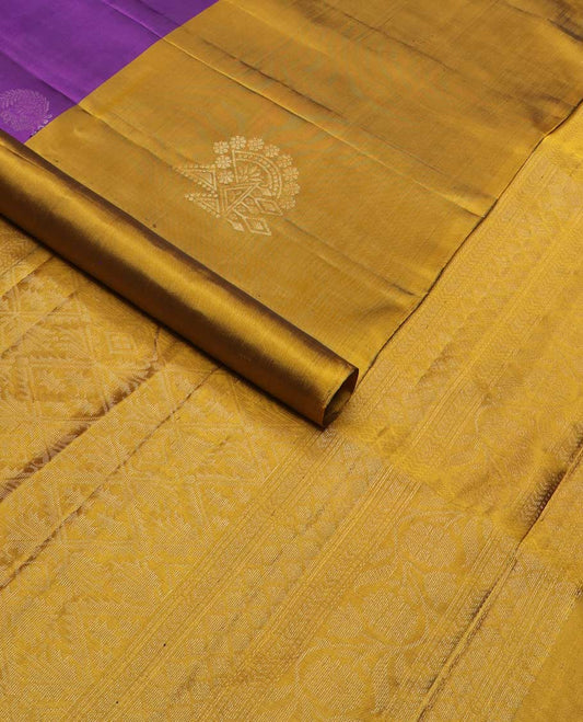 Purple Annam chakram buttas silk mix saree, contrast zari buttas border & pallu of kodi visiry & jaal designs