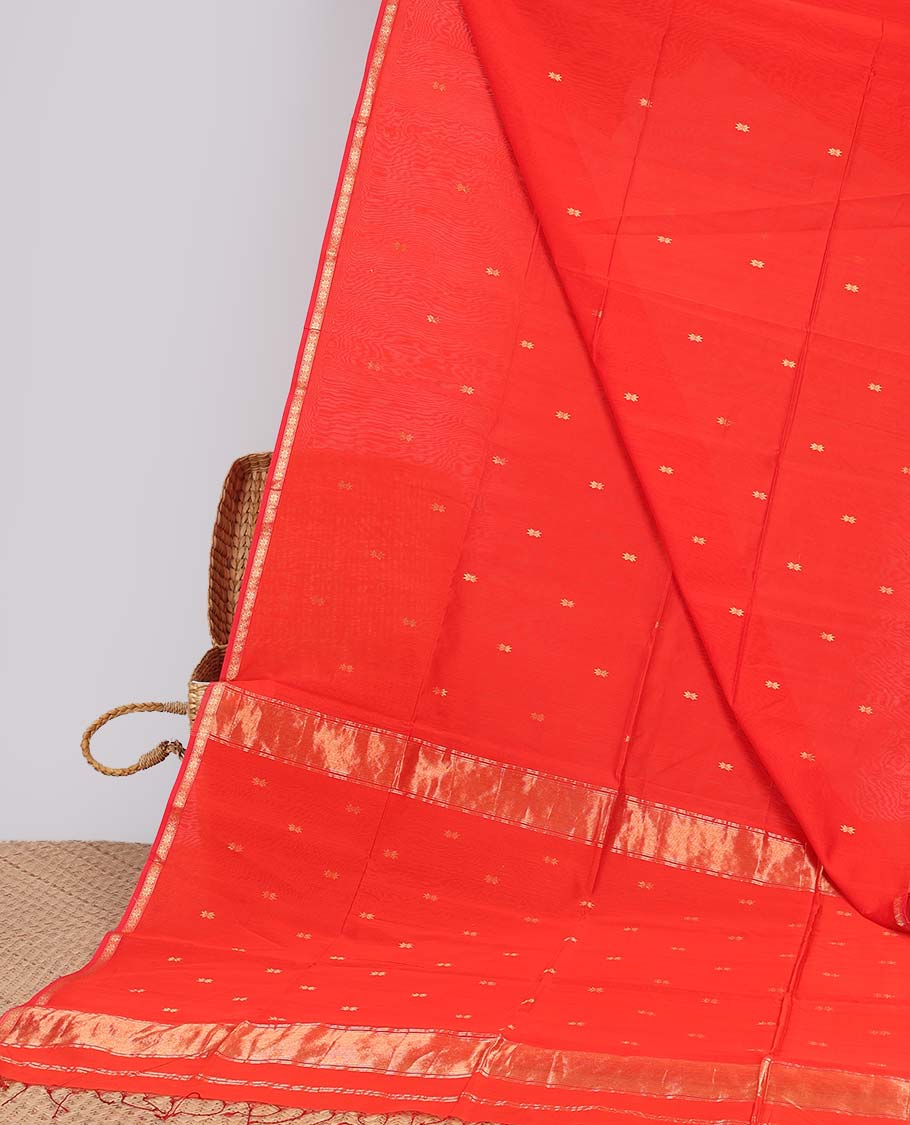 Orange floral motifs maheswari cotton saree with self-zari border & floral motifs pallu