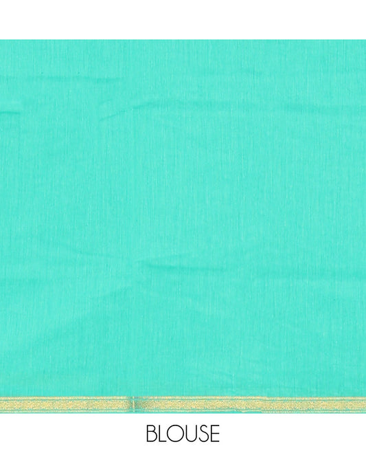 Green Maheshwari Cotton Saree, Embellished with Flower Buttas All Over Its Body, Subtly Woven Piping Border, Captivating Contrast Pallu Steeped with Buttas, and Paired with a Contrast Blouse