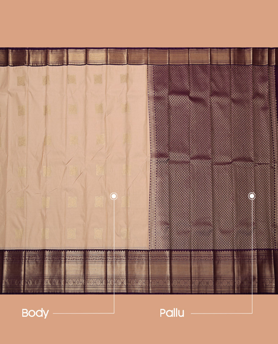 Sandal Budget Silk Saree, Sparsely Threaded with Zari Buttas, Complemented by Contrast Traditional Zari Border, Jaal Pallu, and a Contrast Blouse