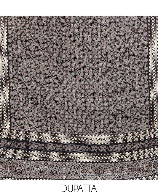 Navy Blue Material Chudidhar Set, Detailed with Ajrakh Patch Work and Mirror Work Vichitra Silk Top, Plain Santoon Bottom, and Chinon Silk Dupatta Featuring Intricate Ajrakh Prints