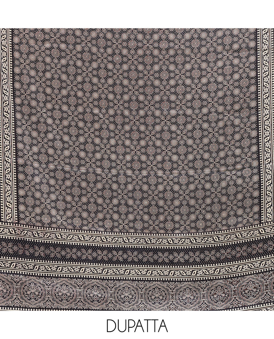 Navy Blue Material Chudidhar Set, Detailed with Ajrakh Patch Work and Mirror Work Vichitra Silk Top, Plain Santoon Bottom, and Chinon Silk Dupatta Featuring Intricate Ajrakh Prints