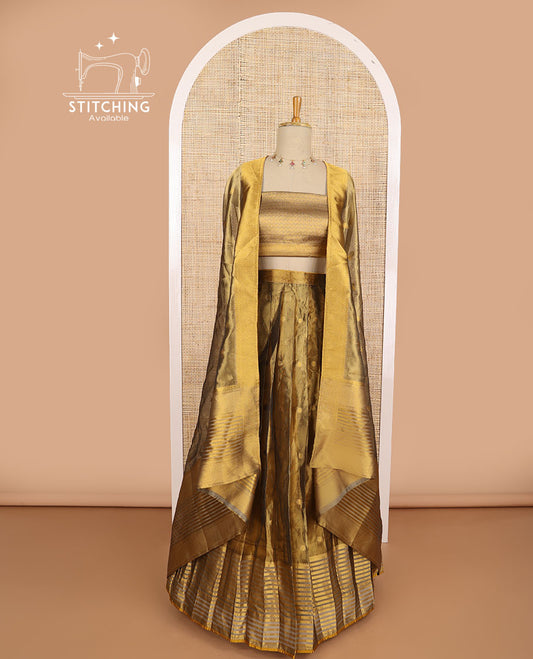 Brown buttad tissue half saree with contrast striped border, zari design blouse & floral design dhavani