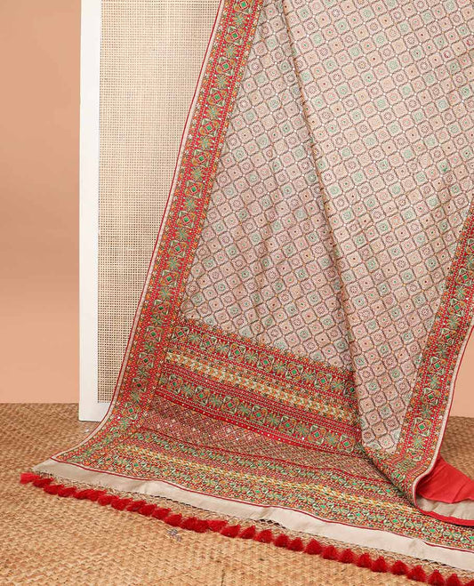 Cream thread embroidery, mirror work tussar silk saree with embroidery border & floral thread embroidery pallu