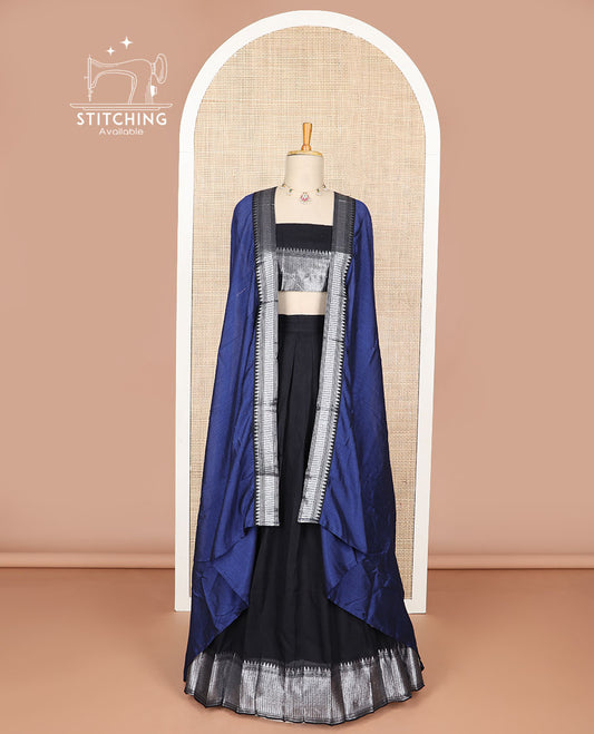 Black cotton half saree with contrast zari design border, zari design blouse & zari design border dhavani