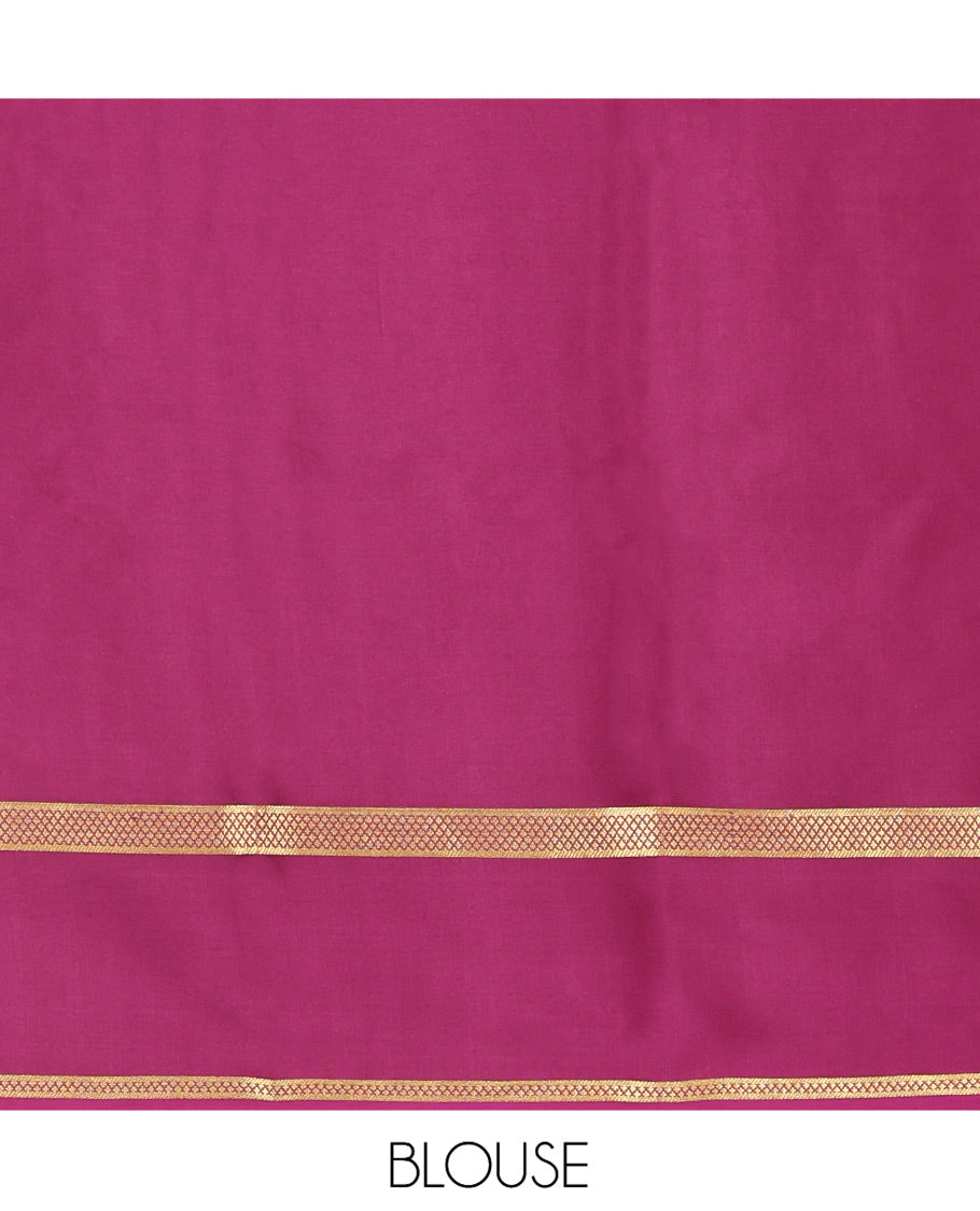 Magenta Mysore Silk Saree Features Paisley Butta, Complemented by Double-pet Zari Border, an Intricate Floral Pallu, and a Matching Blouse
