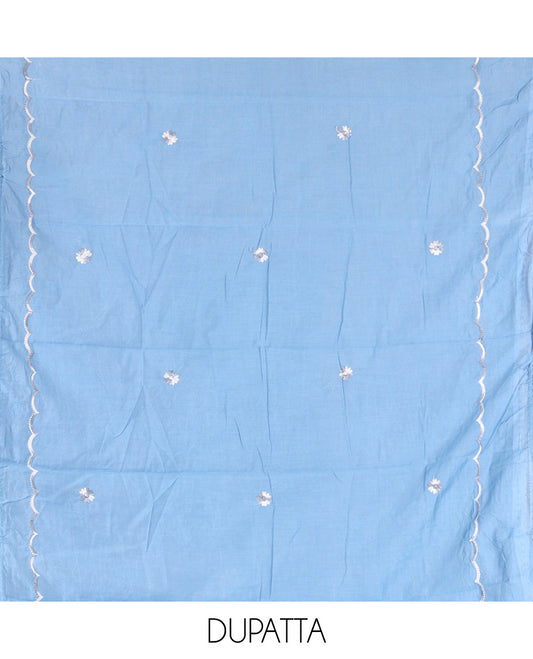 Ice Blue Mul Chanderi Material Chudidar Features Neck Work Top, a Matching Bottom, Embroidered Scallop Dupatta