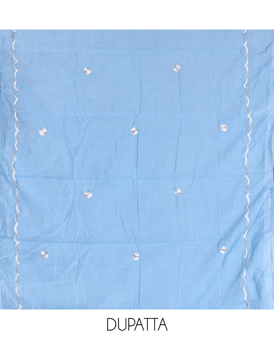 Ice Blue Mul Chanderi Material Chudidar Features Neck Work Top, a Matching Bottom, Embroidered Scallop Dupatta