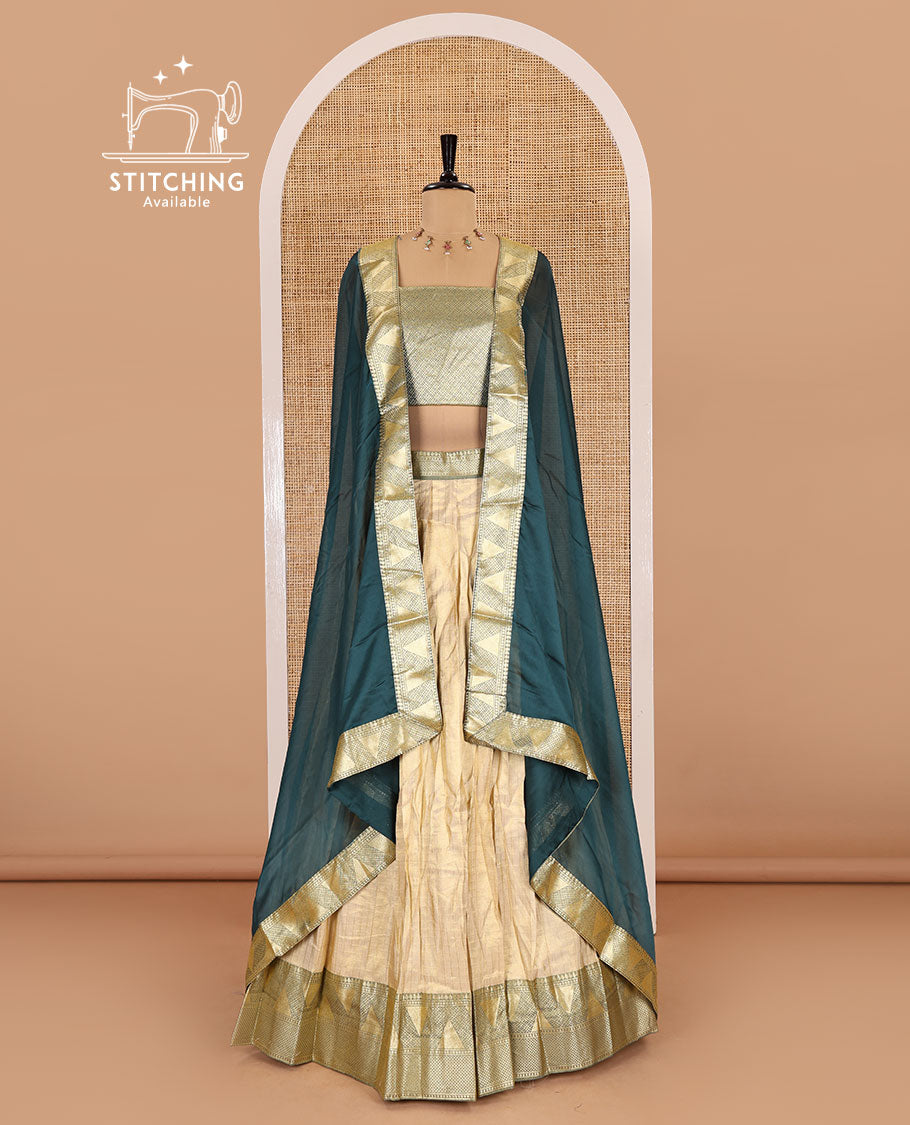 Chikku and rama color half-saree, zari checked with contrast traditional zari bordered banarasi skirt, jacquard blouse, and a contrast zari bordered syska georgette dhavani