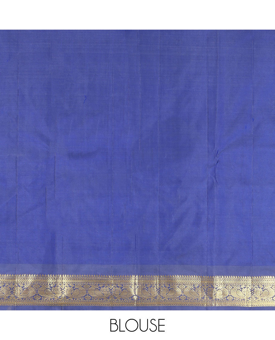 Blue Kanchipuram Silk Saree, Enriched with Zari Buttas, a Semi-Contrast Zari Border, Zari Design Pallu, and a Matching Blouse