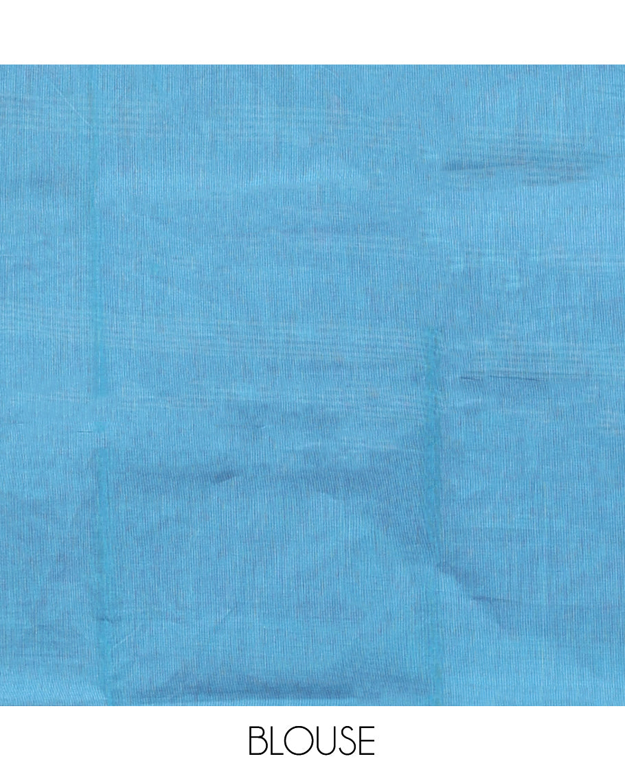 Blue Plain Chettinad Cotton Saree, Complemented by a Contrast Traditional Zari Design Border, Pallu of Stripes, and Paired with a Matching Blouse