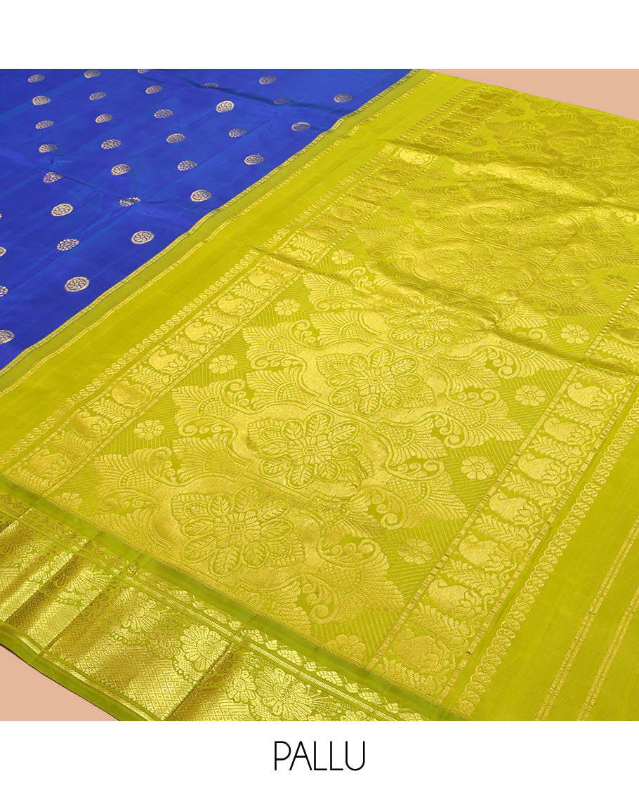 Blue Kanchipuram Silk Saree, Elevated with Zari Buttas, a Contrast Korvai One-Sided Border of Banaras, Kamalam, and Mayil Kann Design, Zari Design Pallu, and No Blouse