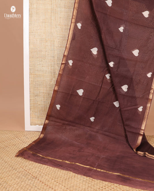 Brown heart motifs chanderi cotton saree with self zari border & striped zari pallu