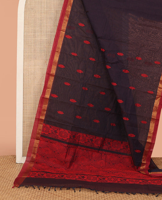 Blue Kanchi Cotton Saree, Accentuated with Stripes and Floral Buttas All Over Its Body, Complemented by a Contrast Border, Pallu of Intricate Designs, and Paired with a Matching Blouse