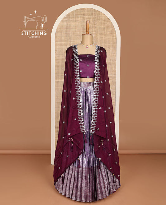 Purple floral jacquard half saree with self intricate zari design border, embroidered blouse & floral embroidery scallop border dhavani