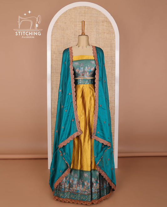 Mustard banaras half saree with contrast forest theme border, forest theme design blouse & floral embroidery, scallop border dhavani