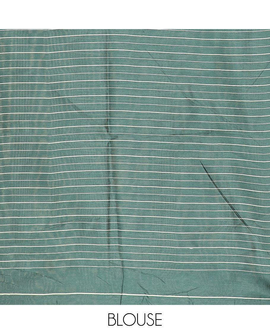 Borderless dark green kicha zig zad design semi jute saree with plain pallu & lining blouse