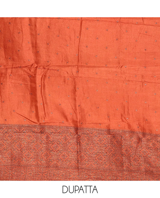 Rust material chudidar set, copper zari buttas and jaal design semi-modal silk top, plain santoon bottom, and zari design woven semi-modal silk dupatta