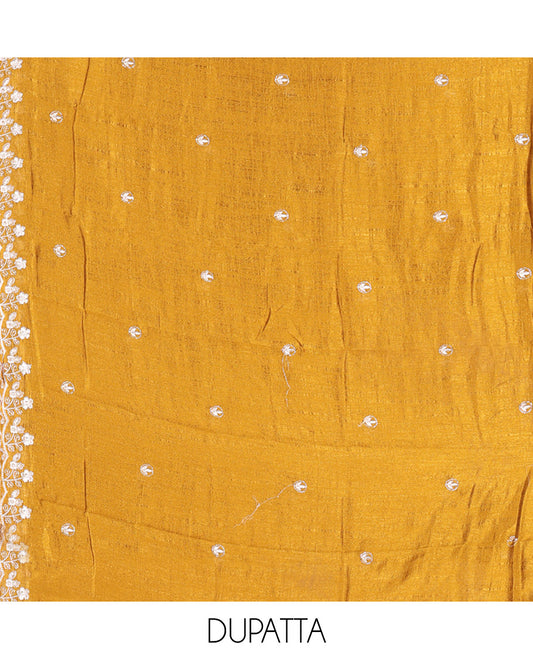 Mustard Semi-Silk Material Churidar Features a Floral Embroidered Top, a Matching Bottom, Embroidered Dupatta