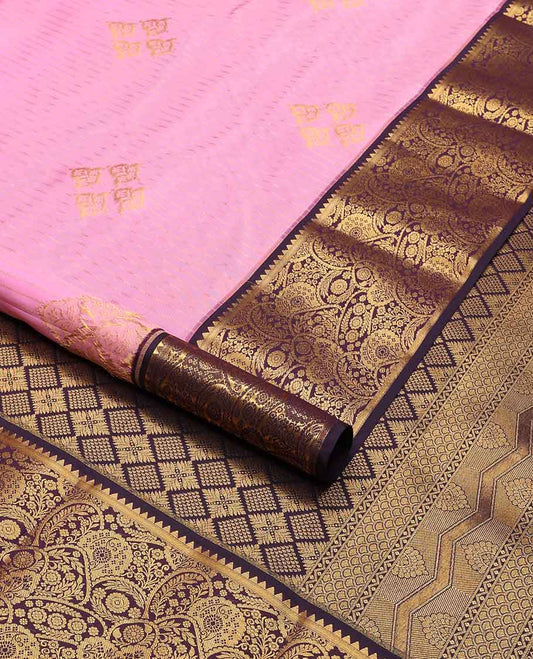 Pink striped, floral buttas vasundhara silk mix saree with contrast traditional zari design border & argyle design pallu