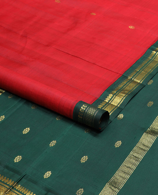 Red zari buttas Kanchipuram silk saree, contrast one-sided korvai border of manga,banaras & mayil kann & kamalam motif pallu