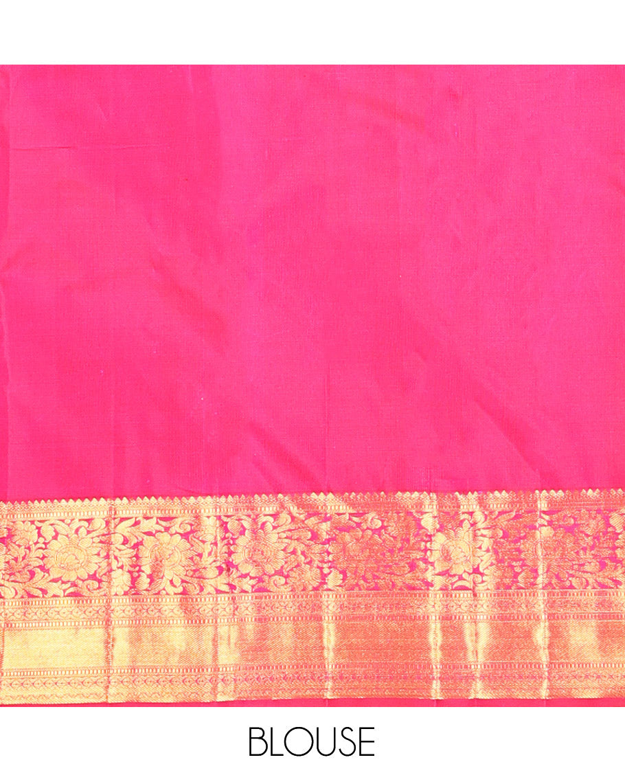 Pink Kanchipuram Wedding Silk Saree, Bedecked with Mayil-Chakram Jacquard Design, Zari Border of Kodi Visiry Designs, Grandly Decked Up Pallu, and a Matching Blouse