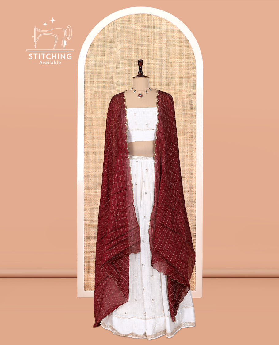 Cream-Maroon Viscose Georgette Half-saree, Buttas Skirt, Matching Blouse, Contrast Checked Dhavani