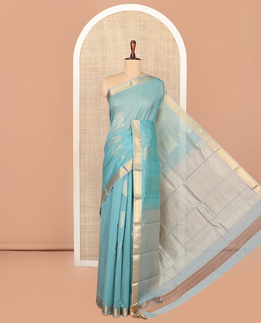 Blue Silk Cotton Saree, Highlighted by Traditional Zari Border, Gleaming Zari Pallu and Paired With a Matching Blouse