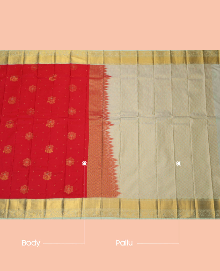 Red Budget Silk Saree, Embellished with Zari Buttas, Complemented by a Contrast Traditional Zari Border, Grand Jaal Pallu, and Contrast Blouse
