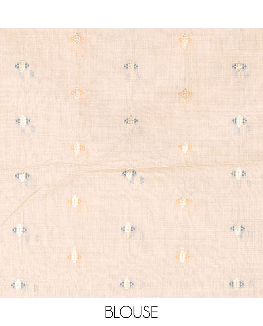 Cream resham thread and zari buttas Munga cotton saree, traditional gold zari border, tree motifs red thread work pallu, and matching buttas blouse