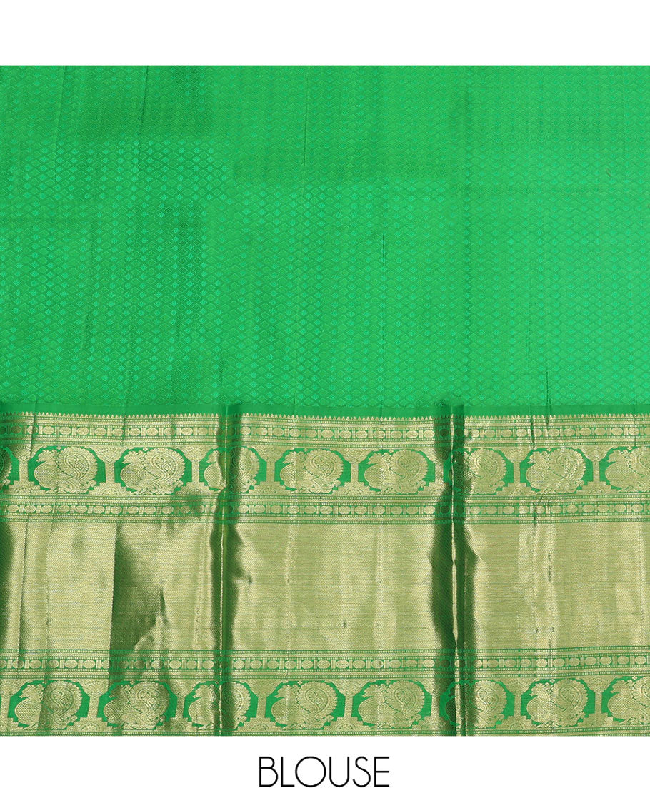 Red Pure Silk Half-Saree, Boldly Accentuated with Jacquard Design on Its Skirt, Complemented by a Contrast Border of Rekku, Banaras, Muthu, Rudaksham, and Mayil Designs, Comes with a Contrast Blouse and a Dhavani of Jaal Designs