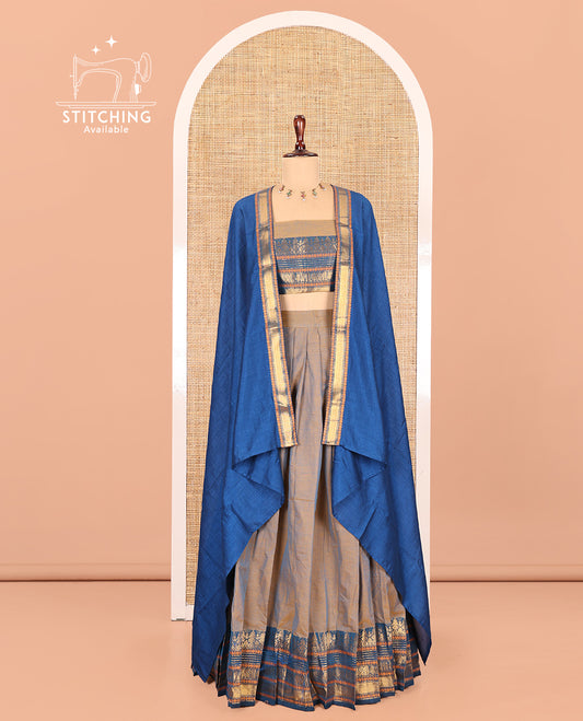 Fawn-Rama Blue Chettinad Cotton Half-Saree, Contrast Traditional Zari Bordered Skirt, Matching Blouse, and a Contrast Dhavani