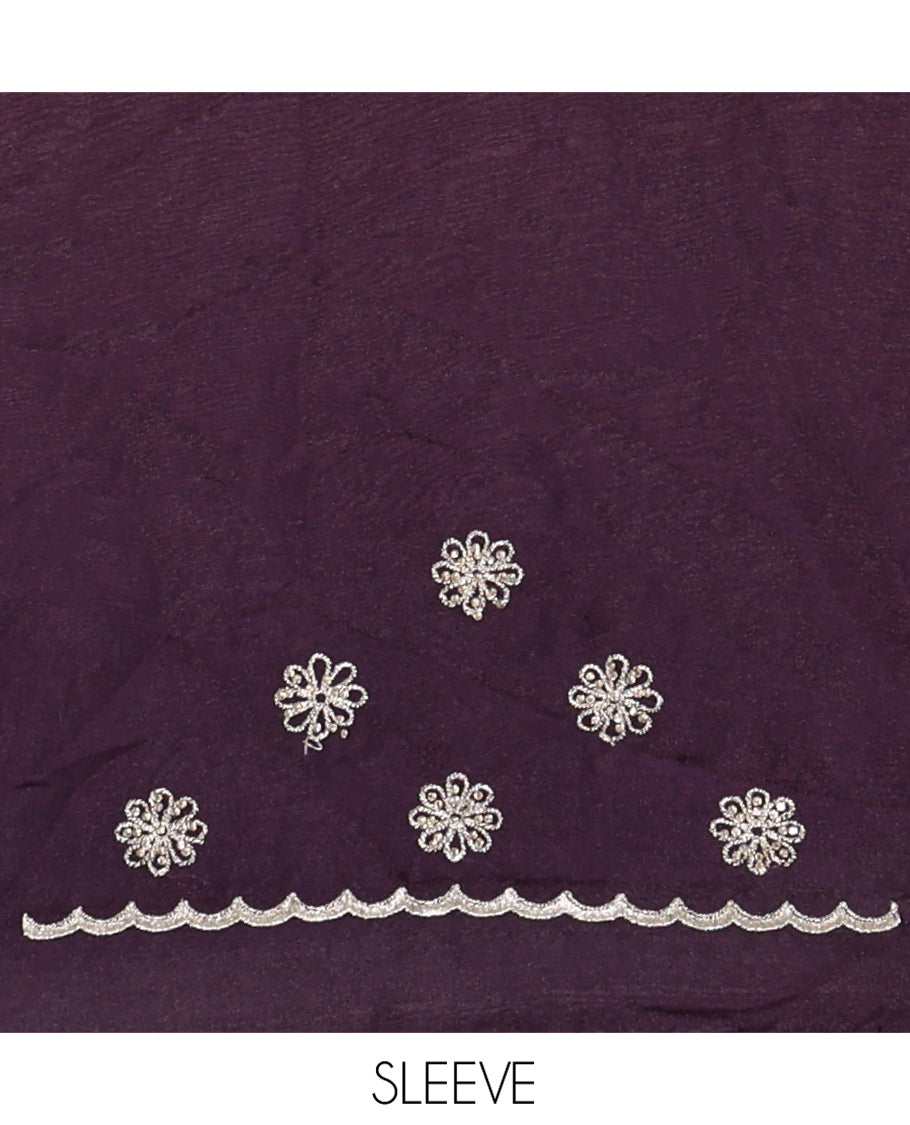Purple Designer Saree, Finely Crafted with Floral Vine Embroidery, Scallop-Embroidered Border, and Matching Embroidered Blouse